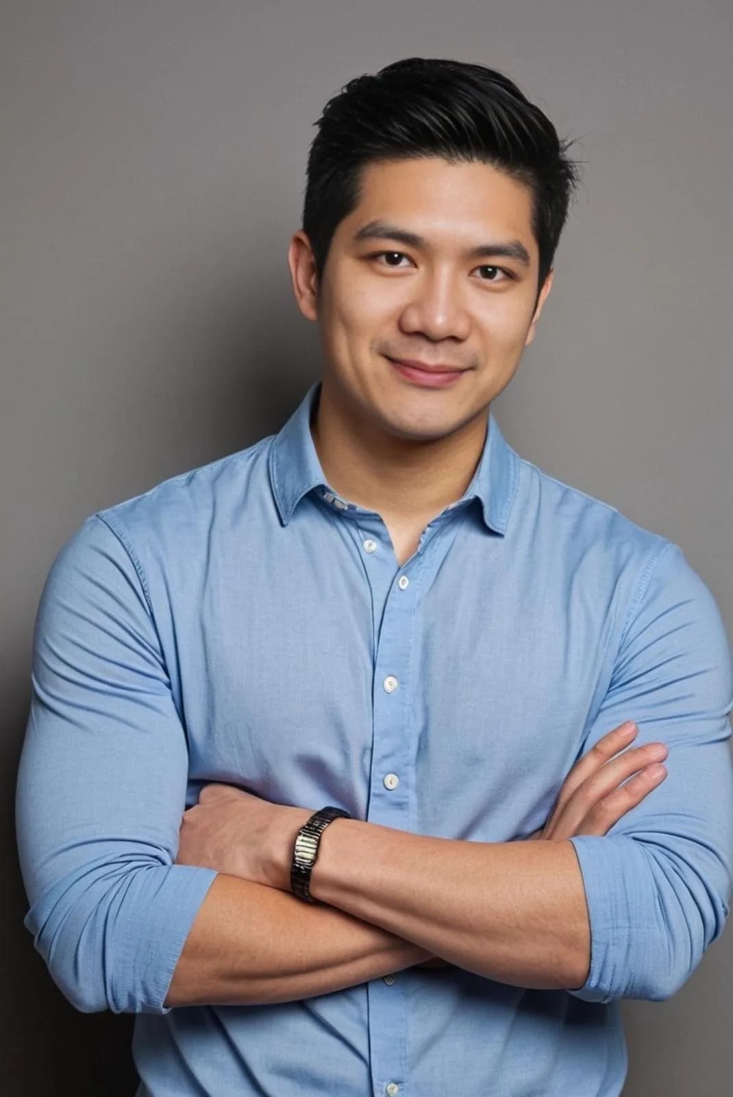 Portrait of Patrick Cheng, Director of Operations at NextGen Impact Georgia, smiling in a light blue shirt with his arms crossed